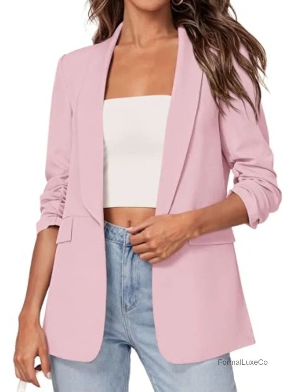 Open Front Ruched 3/4 Sleeve Blazer Business Casual Lightweight Work Suit Jacket